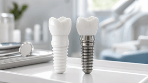 Zirconia Implants vs. Titanium Implants: What Patients Should Know 1 Zirconia implants and titanium dental implant comparison model